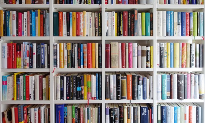 Bunte Bücher stehen eng gedrängt in einem weißen Bücherregal.