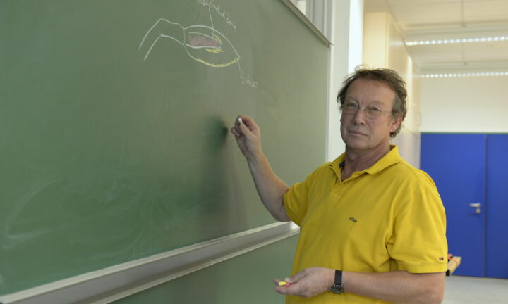 Zahntechnikmeister malt Zahnnerv an Tafel.