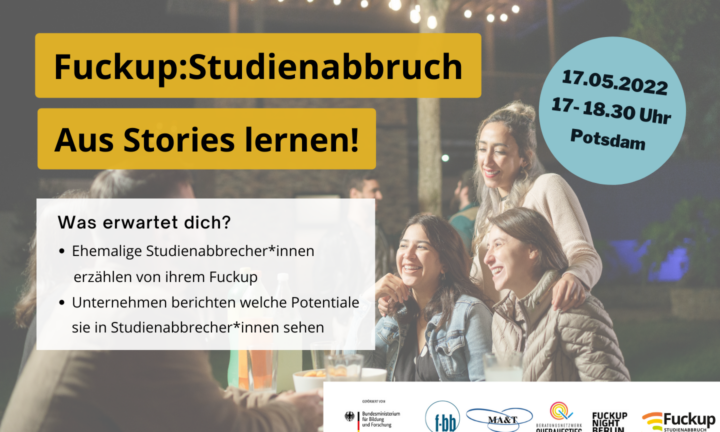 Text zur Bewerbung der Veranstaltung Fuckup:Studienabbruch. Drei junge Frauen lachen zusammen.