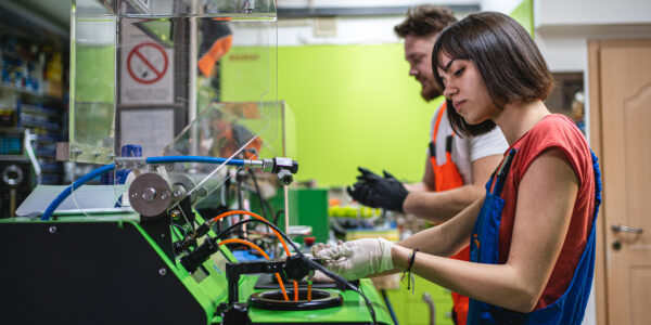 Eine junge Frau arbeitet an einem technischen Gerät