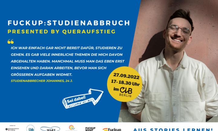 Banner zur Bewerbung der Veranstaltung Fuckup:Studienabbruch in Halle, ein junger Mann lacht in die Kamera.