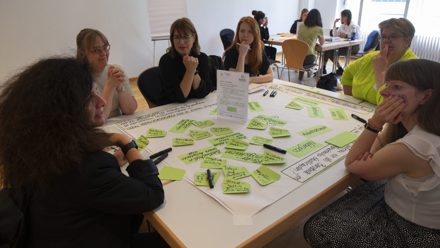 Eine Gruppe von Personen sitzt um einen Tisch mit beschriftetem Poster und diskutiert