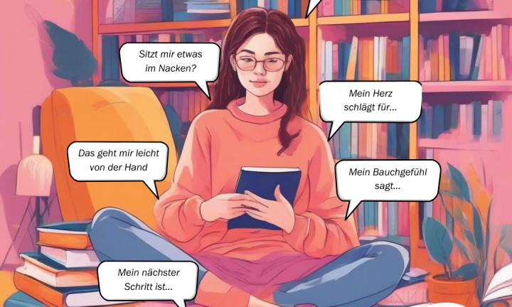 Eine junge Frau sitzt inmitten von Bücherstapeln und reflektiert Ihre Gefühle metaphorisch anhand Ihrer Köperteile.