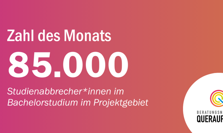 Die Zahl des Monats Mai wird auf rosa-orangefarbenem Grund dargestellt: Im gesamten Projektgebiet des Beratungsnetzwerks Queraufstieg - Berlin, Brandenburg, Bremen, Niedersachsen und Sachsen-Anhalt - brechen laut Schätzungen etwa 85.000 Studierende ihr Bachelorstudium ab.