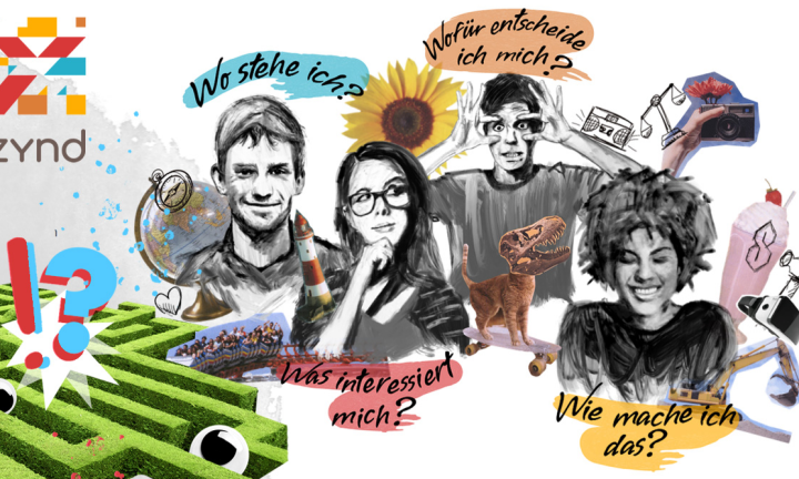 Neben dem Logo des Online-Portals zynd überlegen vier junge Menschen, welchen Berufsweg sie einschlagen möchten.