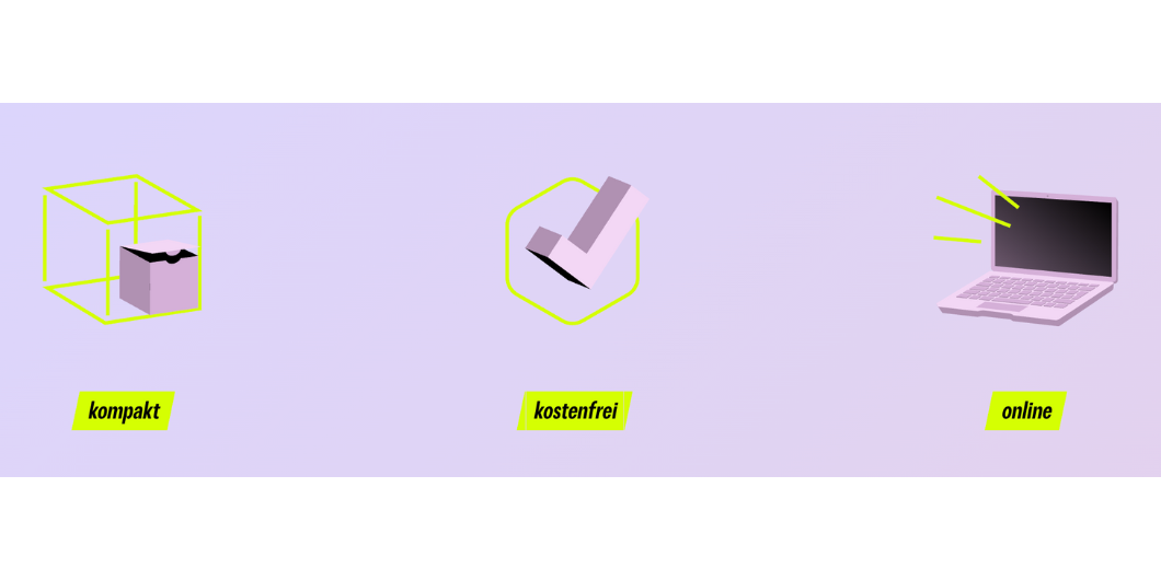 Die Vorteile des Kurses werden mit Symbolen dargestellt: Kompakt, kostenfrei und online.