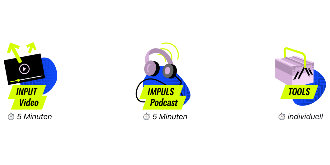 Videos, Podcasts und Tools werden mit Symbolen dargestellt.