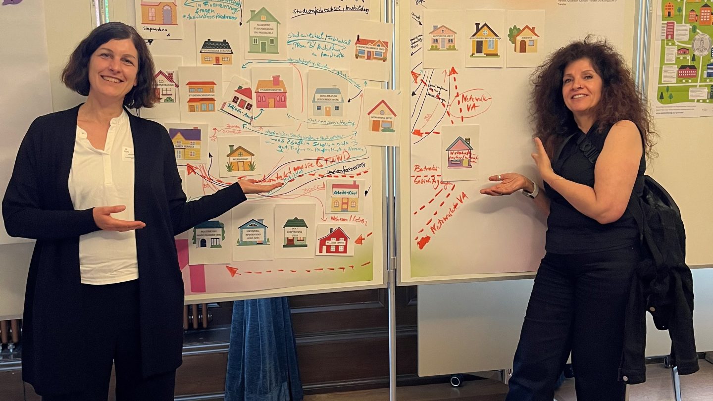 Susanne Green und Dr. Roya Moghaddam (beide f-bb) vor der Übersicht „Verweispraxis in der Beratung“