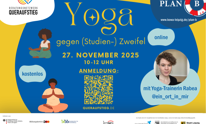 Ankündigung der Yoga-Veranstaltung von Queraufstieg, Foto der Trainerin Rabea sowie Grafiken von Personen, die Yoga machen