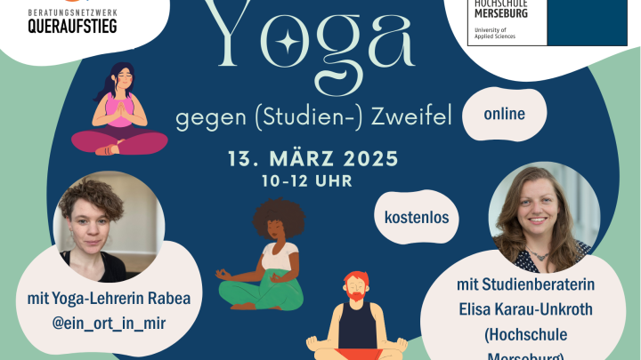 Ankündigung der Yoga-Veranstaltung am 13. März. Zu sehen sind die Yoga-Lehrerin und die Studienberaterin sowie Grafiken von drei jungen Menschen, die Yoga machen.