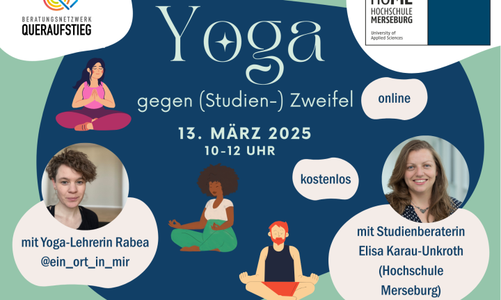Ankündigung der Yoga-Veranstaltung am 13. März. Zu sehen sind die Yoga-Lehrerin und die Studienberaterin sowie Grafiken von drei jungen Menschen, die Yoga machen.